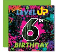 Playful 6th Birthday Card - Level Up to 6! - Bright Gaming Celebration with Bold Pixel Graphics - 145mm Square, Envelope Included