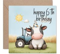 Playful 6th Birthday Card - Moo-velous Fun for Little Farmers - Cute Cow Wearing a Party Hat and Tractor under a Sunny Sky - 145mm Square, Envelope Included