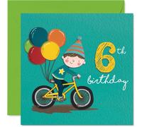 Playful 6th Birthday Card - Pedal-powered Fun with Balloons and Party Hat - Cheerful Child Riding a Yellow Bicycle - Bursting with Birthday Energy - 145mm Square, Envelope Included
