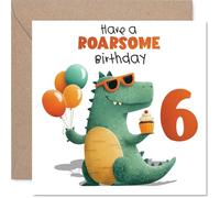 Playful 6th Birthday Card - Roaring Fun for Their Big Day - Cheerful Dinosaur with Balloons and Cupcake - 145mm Square, Envelope Included
