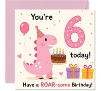 Playful 6th Birthday Card - Roars of Laughter for Their Big Day - Pink Dinosaur in Party Hat with Cake, Presents and Confetti - 145mm Square, Envelope Included