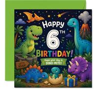 Playful 6th Birthday Card - Roarsome Birthday Fun - Colourful Dinosaurs in Party Hats and Confetti - DINO-MITE Design for a Lively Celebration - 145mm Square, Envelope Included