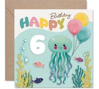 Playful 6th Birthday Card - Underwater Giggles for Turning Six - Smiling Jellyfish, Fish and Sea Balloons in Cheerful Colours - 145mm Square, Envelope Included