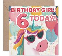 Playful 6th Birthday Card - Unicorn with Sunglasses & Balloons - Splash of Pink, Blue and Yellow - Brightens Up Her Special Day - 145mm Square, Envelope Included