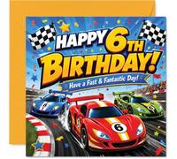 Playful 6th Birthday Card - Zoom into Birthday Fun - Colourful Race Cars and Checkered Flags with Confetti - 145mm Square, Envelope Included