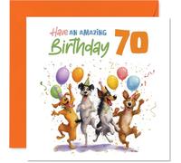 Playful 70th Birthday Card - Bursting with Birthday Cheer - Four Dogs with Balloons and Confetti - A Paw-fectly Joyful 70th Celebration - 145mm Square, Envelope Included