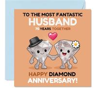 Playful 75th Anniversary Card for Husband - Celebrating 75 Sparkling Years - Adorable Diamond Duo Design with Pops of Pink and Orange - 145mm Square, Envelope Included