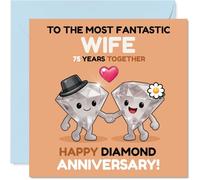 Playful 75th Anniversary Card for Wife - Celebrating 75 Sparkling Years - Cute Diamond Characters Holding Hands - 145mm Square, Envelope Included