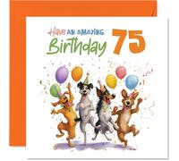 Playful 75th Birthday Card - Balloons and Wagging Tails - Four Cheerful Dogs Partying with Confetti - Guaranteed to Spark Birthday Smiles - 145mm Square, Envelope Included