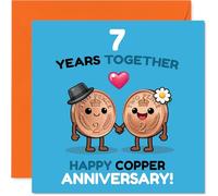 Playful 7th Anniversary Card - Cheers to Seven Years - Adorable Cartoon Coins Holding Hands - Playful Copper Anniversary Keepsake - 145mm Square, Envelope Included