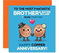 Playful 7th Anniversary Card for Brother & Sister in Law - Celebrate Seven Years with a Smile - Cute Copper Coin Couple Design - 145mm Square, Envelope Included