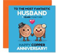 Playful 7th Anniversary Card for Husband - Seven Years and Still Minted - Cute Coins Design for a Copper Anniversary - 145mm Square, Envelope Included