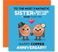 Playful 7th Anniversary Card for Sister & Brother In Law - A Penny for Your Thoughts - Adorable Coins Holding Hands in Cheerful Colours - 145mm Square, Envelope Included