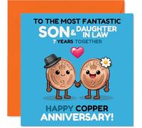Playful 7th Anniversary Card for Son & Daughter in Law - Celebrate Seven Years of Wedded Bliss - Cartoon Copper Coins Couple Design - 145mm Square, Envelope Included
