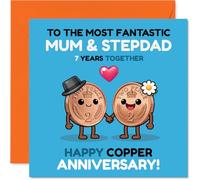 Playful 7th Anniversary Card for Stepdad & Mum - Celebrate Seven Years with a Spark - Cute Cartoon Coins in Love on a Vibrant Background - 145mm Square, Envelope Included