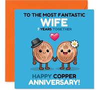 Playful 7th Anniversary Card for Wife - Celebrating 7 Copper-tastic Years - Cute Cartoon Coin Couple Design - 145mm Square, Envelope Included