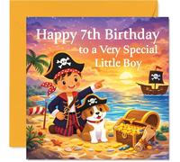 Playful 7th Birthday Card - Ahoy There, Birthday Buccaneer! - Pirate Dog and Treasure Hunt Scene under a Bright Sunset - 145mm Square, Envelope Included
