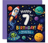Playful 7th Birthday Card - Blast off into Birthday Fun - Colourful Space Adventure with Rockets, Planets and a Friendly Alien - 145mm Square, Envelope Included