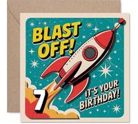 Playful 7th Birthday Card - Blast off into Year Seven Fun - Colourful Rocket and Space Design with Bold Birthday Cheer - 145mm Square, Envelope Included