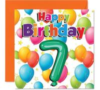 Playful 7th Birthday Card - Brighten Their Seventh with Colourful Balloons and Stars - Lively Number 7 Design - 145mm Square, Envelope Included
