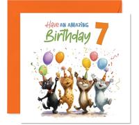 Playful 7th Birthday Card - Bursting with Birthday Fun - Playful Cats and Balloons in a Colourful Confetti Scene - 145mm Square, Envelope Included