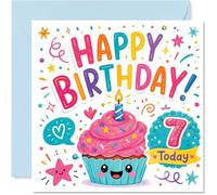 Playful 7th Birthday Card - Bursting with Birthday Joy - Smiley Cupcake, Colourful Confetti and a Bright Number 7 - Big Fun for Their Special Day - 145mm Square, Envelope Included