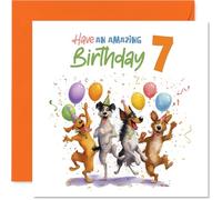 Playful 7th Birthday Card - Bursting with Birthday Joy - Playful Dogs, Balloons and Confetti - A Lively Way to Celebrate Turning 7-145mm Square, Envelope Included