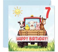 Playful 7th Birthday Card - Chipper Birthday Fun - Cartoon Animals Riding a Bright Red Tractor - 145mm Square, Envelope Included
