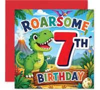 Playful 7th Birthday Card - Dino-mite Birthday Cheer - Colourful Cartoon Dinosaur with Erupting Volcano and Bold Red 7-145mm Square, Envelope Included