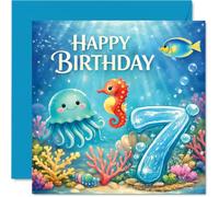 Playful 7th Birthday Card - Dive into Birthday Fun - Colourful Underwater Scene with Adorable Sea Creatures - 145mm Square, Envelope Included