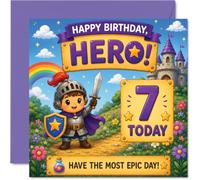 Playful 7th Birthday Card, Epic Adventure Vibes | Cartoon Knight with Rainbow, Castle and Stars, Bursting with Colour and Fun, 145mm Square, Envelope Included