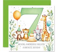 Playful 7th Birthday Card for Daughter - Bursting with Birthday Fun - Cute Animals, Balloons and Cake Around a Bold Number 7-145mm Square, Envelope Included