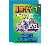 Playful 7th Birthday Card for Granddaughter - Level Up the Birthday Fun - Vibrant Gaming Controller Design in Bold Colours - 5x7 Inch, Envelope Included