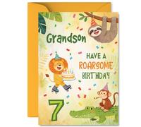Playful 7th Birthday Card for Grandson - Bursting with Birthday Cheer - Jungle Party Animals, Colourful Cake and Confetti - A5, Envelope Included