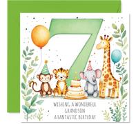 Playful 7th Birthday Card for Grandson - Bursting with Birthday Cheer - Party Animals, Cake and Balloons with a Big Number 7-145mm Square, Envelope Included