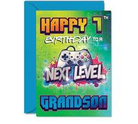Playful 7th Birthday Card for Grandson - Level Up the Birthday Fun - Vibrant Gaming Controller Design for a 7th Birthday - Perfect for Young Gamers - 5x7 Inch, Envelope Included