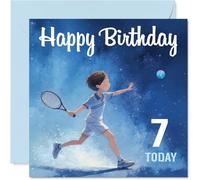 Playful 7th Birthday Card - Game Set Match for a Smashing 7th - Tennis-mad Boy in Action Against Bold Blue - Bursting with Sporty Birthday Energy - 145mm Square, Envelope Included