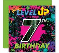 Playful 7th Birthday Card - Level Up the Birthday Fun - Vibrant Graffiti-style Gaming Design - Perfect for Young Gamers Celebrating Turning 7-145mm Square, Envelope Included