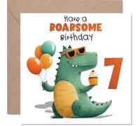 Playful 7th Birthday Card - Make Their Big Day Dino-mite - Cheery Dinosaur with Balloons and Cupcake - Bursting with Birthday Fun - 145mm Square, Envelope Included