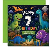 Playful 7th Birthday Card - Roaring Good Fun for a Birthday Bash - Colourful Dinosaurs in Party Hats and Balloons - 145mm Square, Envelope Included