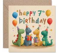 Playful 7th Birthday Card - Roaring into Seven - Colourful Dinosaurs with Party Hats, Balloons and Gifts - Bursting with Birthday Fun - 145mm Square, Envelope Included