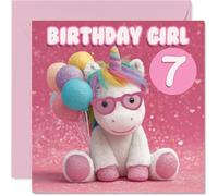 Playful 7th Birthday Card - Unicorn with Glasses Brings Birthday Sparkle - Pink Pastel Balloons & Glittery Background - 145mm Square, Envelope Included