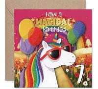 Playful 7th Birthday Card - Unicorn with Sunglasses and Balloons - Rainbow Magic in Vibrant Pink and Gold - Whimsical Birthday Cheer - 145mm Square, Envelope Included