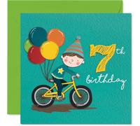 Playful 7th Birthday Card - Wheely Good Fun for Turning Seven - Colourful Bicycle, Balloons and Party Hat Illustration - 145mm Square, Envelope Included