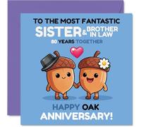 Playful 80th Anniversary Card for Sister & Brother In Law - Oak Solid After 80 Years - Cute Acorn Duo Celebrates a Legendary Love - 145mm Square, Envelope Included
