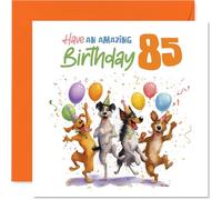 Playful 85th Birthday Card - Birthday Cheer Unleashed - Four Joyful Dogs with Balloons and Confetti - A Lively Design to Mark Turning 85 in Style - 145mm Square, Envelope Included