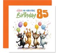 Playful 85th Birthday Card - Bursting with Birthday Cheer - Four Festive Cats, Balloons and Confetti - Sure to Brighten Anyone's Big 85th - 145mm Square, Envelope Included