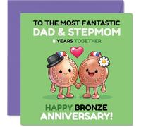 Playful 8th Anniversary Card for Stepmum & Dad - Cheers to 8 Years - Cute Medal Couple and Hearts Design - 145mm Square, Envelope Included