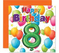 Playful 8th Birthday Card - Big Birthday Energy - Colourful Balloons and Stars Design - Bursting with Cheerful Vibes - 145mm Square, Envelope Included
