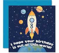 Playful 8th Birthday Card - Blast off into Birthday Fun - Whimsical Rocket Soaring Through a Colourful Space Scene - 145mm Square, Envelope Included